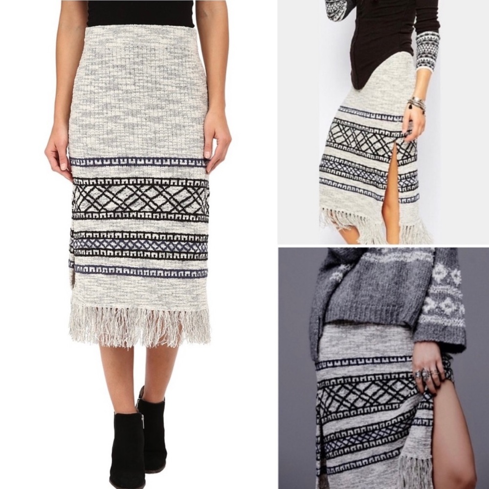 Free People Knit Midi Skirt light gray/ cream